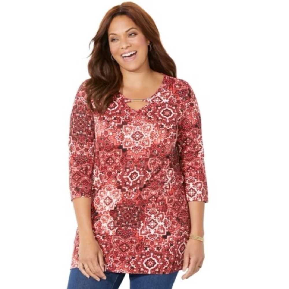 Catherines Red Medallion Print Swing Tunic Top 1X Plus Boho Stretch Knit